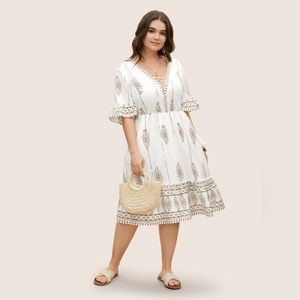 Bloomchic Boho Print Cross Strap Tassels Summer Beach Dress 2XL